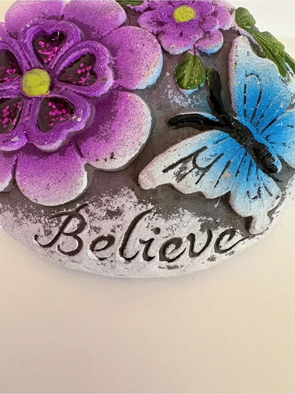 Charming Decorative Accent Stone Believe Flowers Butterfly Purple Blue Cement